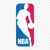 NBA logo featuring a silhouette of a basketball player dribbling, with blue and red background colors